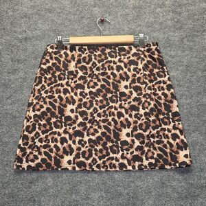 Womens Skirt Medium Black Brown Leopard Print A-Line Mini Slit Stretch Zip